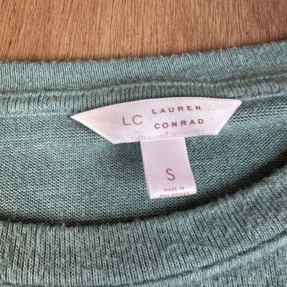 LC Lauren Conrad Small Teal Knit Top Ruffle Chiffon Hem Long Sleeve - Picture 3 of 5